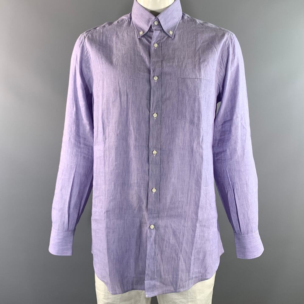 BRUNELLO CUCINELLI Size XL White Lavender Pinstripe Long Sleeve Shirt